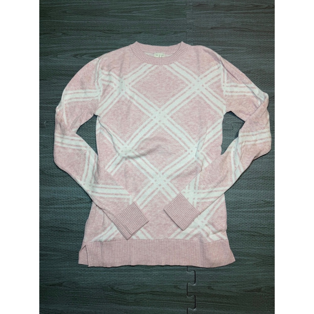 A New Day Pink White Diamond Plaid Crewneck Sweater XS Side Slit Cotton Blend